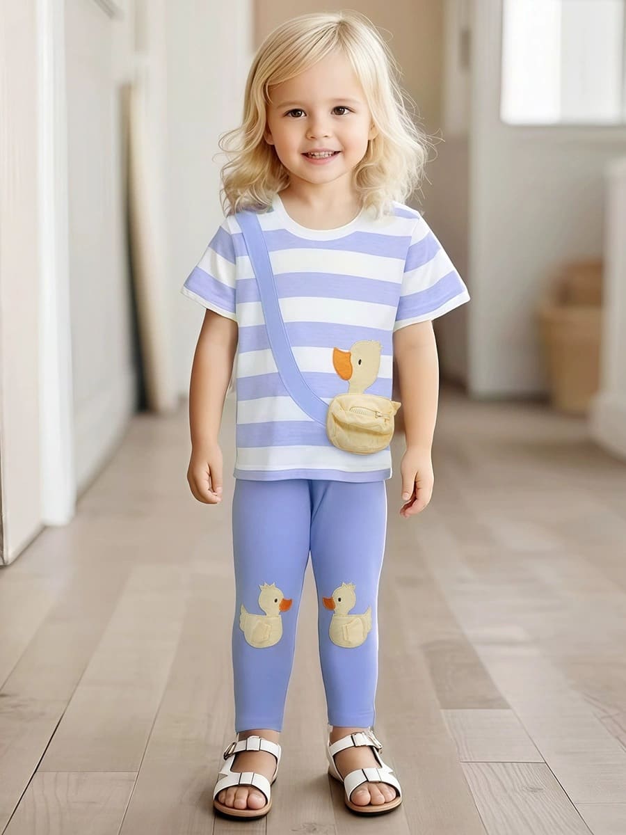 Yellow Duck Striped Cotton Short-Sleeved Tee & Pants Set for Girls