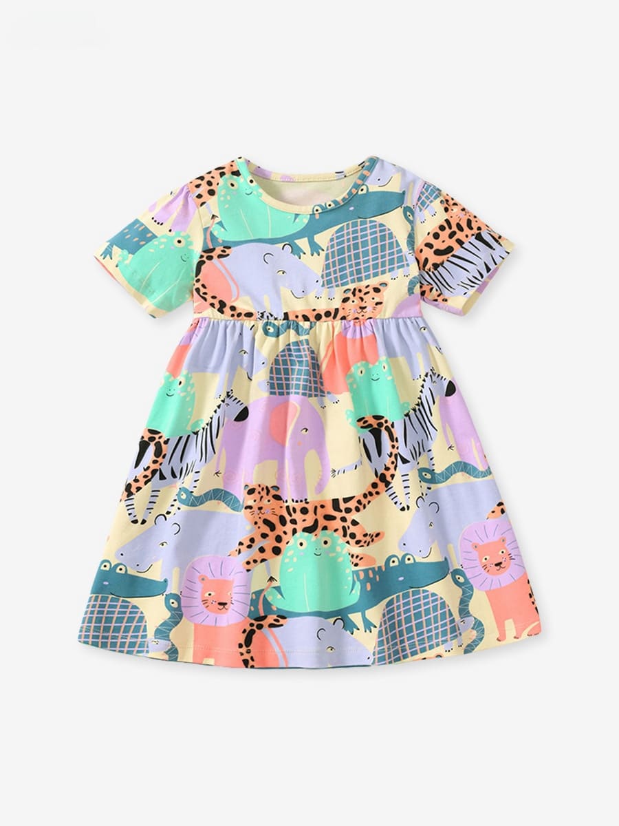 Little Maven Girls Cartoon Animal Print Cotton Short Sleeve Dress