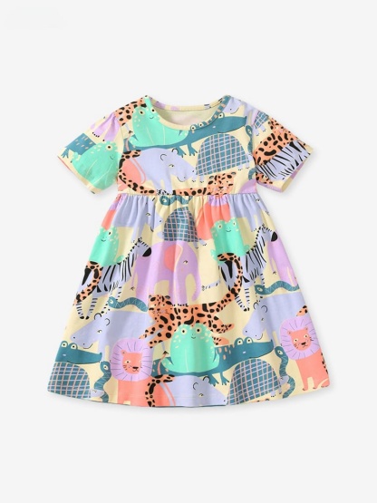 Little Maven Girls Cartoon Animal Print Cotton Short Sleeve Dress