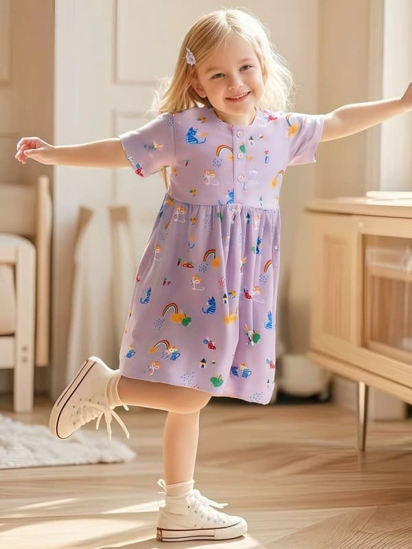 Toddler/Kid Girls Cartoon Printed Cotton Short Sleeve Dress