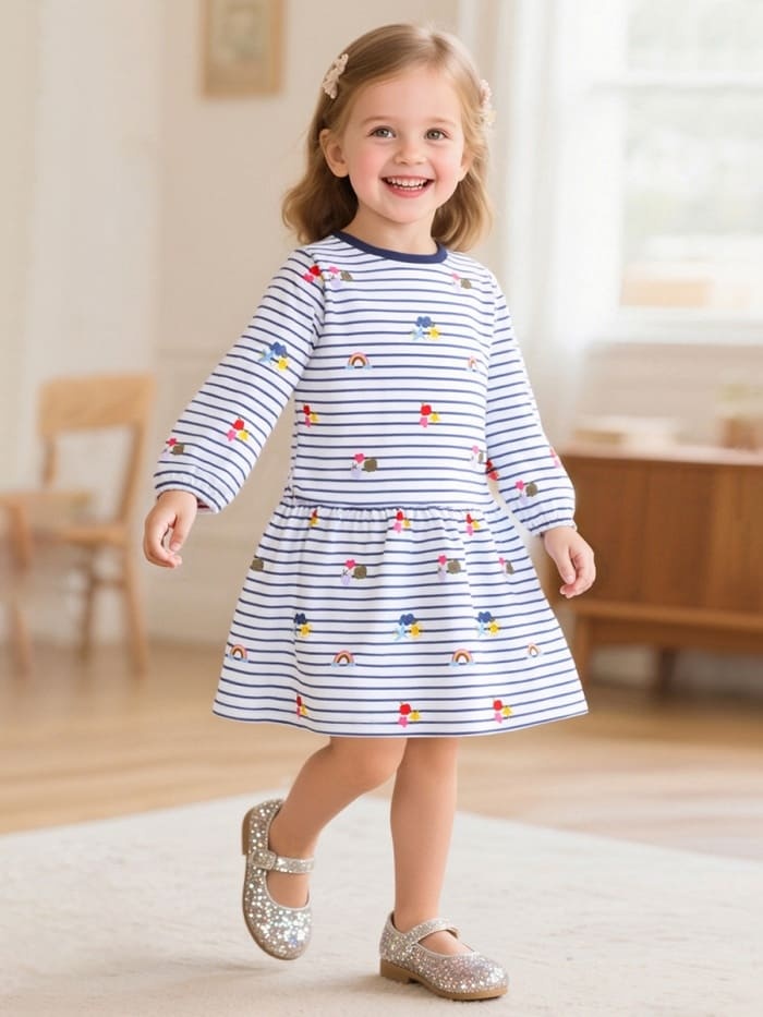 Little Maven Organic Cotton Striped Long Sleeve Dress for Girls