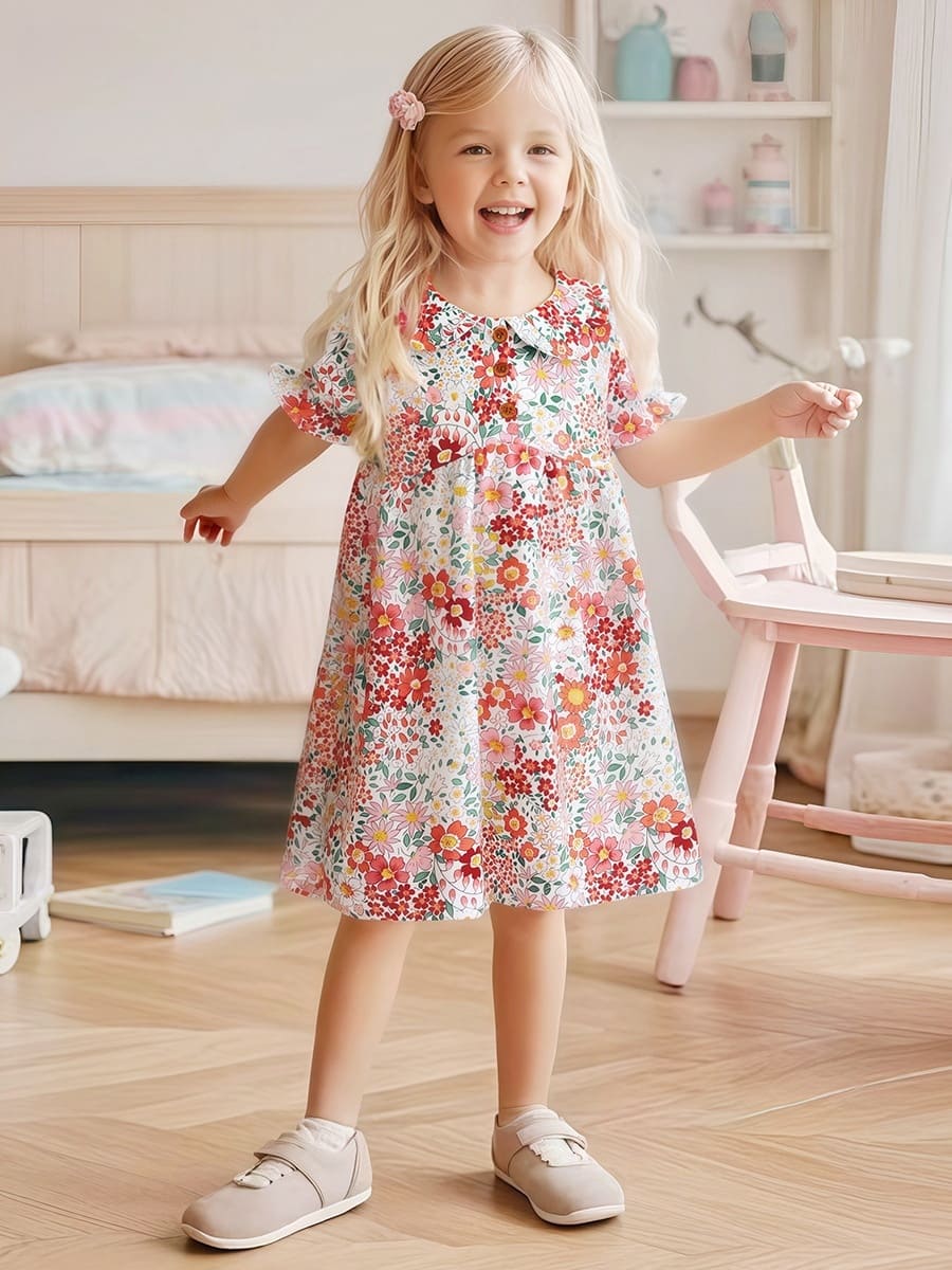 Little Maven Girls Cotton Short Sleeve Floral Print Dress