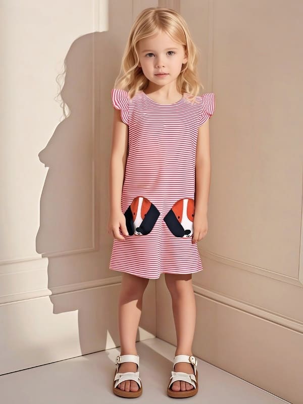 Girls Cotton Striped Short Sleeve Dress with Cute Dog Applique Embroidery