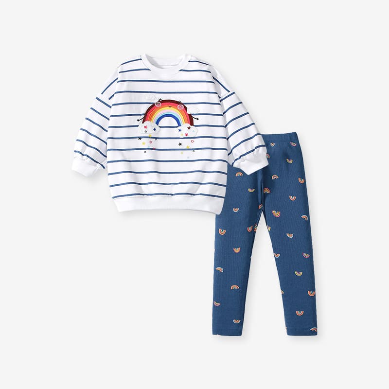 2-piece Girls Cotton Striped Lounge Set with Rainbow Embroidery