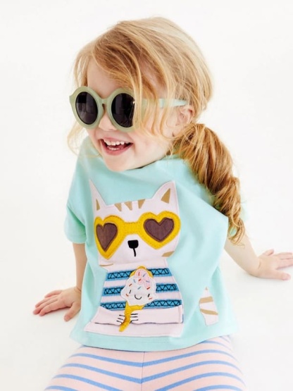 Little Maven Girls Cute 3D Cat Patch Embroidered Cotton Short Sleeve Tee