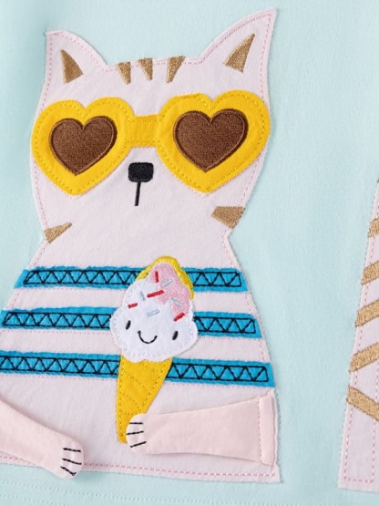 Little Maven Girls Cute 3D Cat Patch Embroidered Cotton Short Sleeve Tee