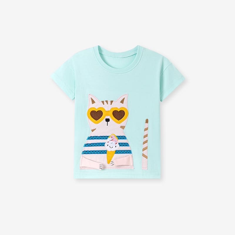 Little Maven Girls Cute 3D Cat Patch Embroidered Cotton Short Sleeve Tee
