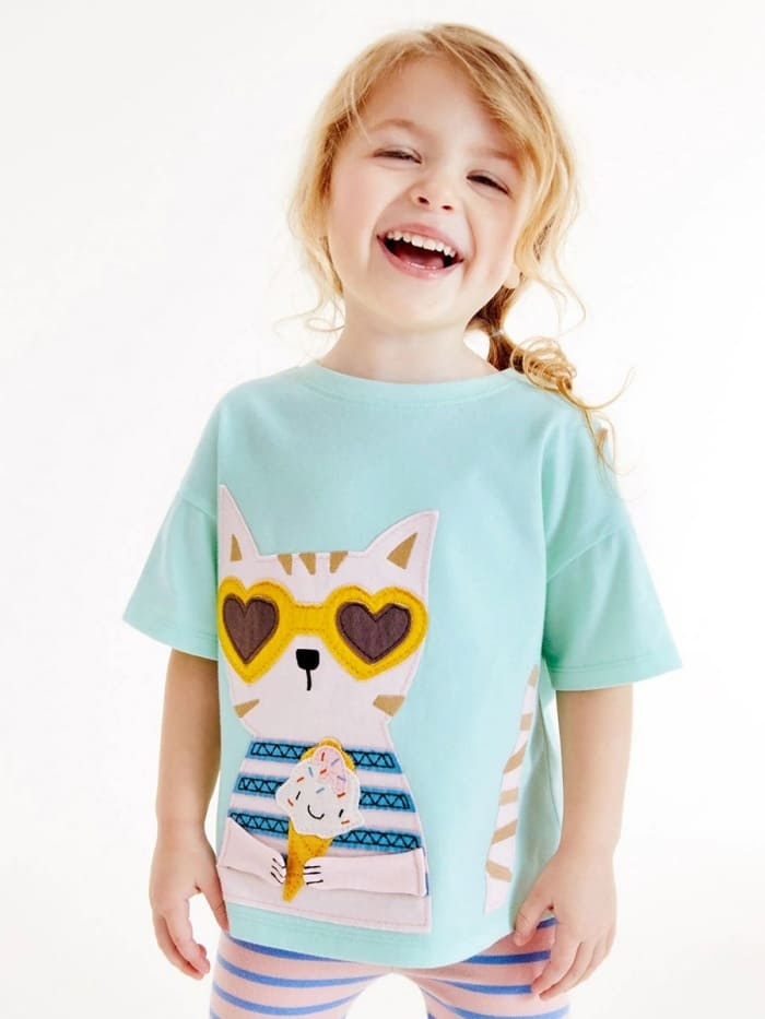 Little Maven Girls Cute 3D Cat Patch Embroidered Cotton Short Sleeve T