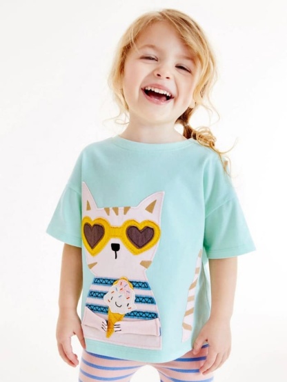 Little Maven Girls Cute 3D Cat Patch Embroidered Cotton Short Sleeve Tee