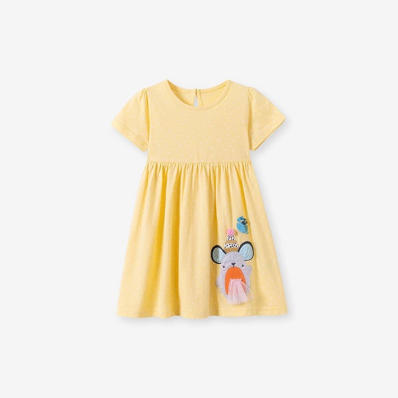 Little Maven Girls Cute Bear Embroidery Polka Dot Cotton Dress