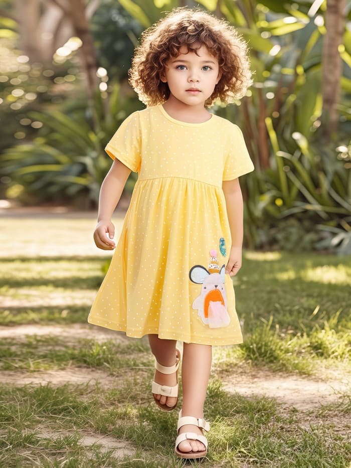 Little Maven Girls Cute Bear Embroidery Polka Dot Cotton Dress