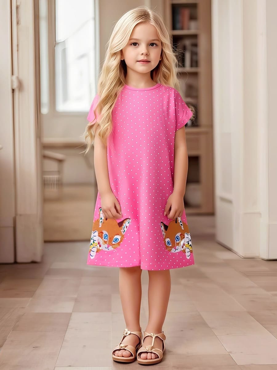 Girls Cute Cat Patch Embroidered Polka Dot Cotton Short Sleeve Dress