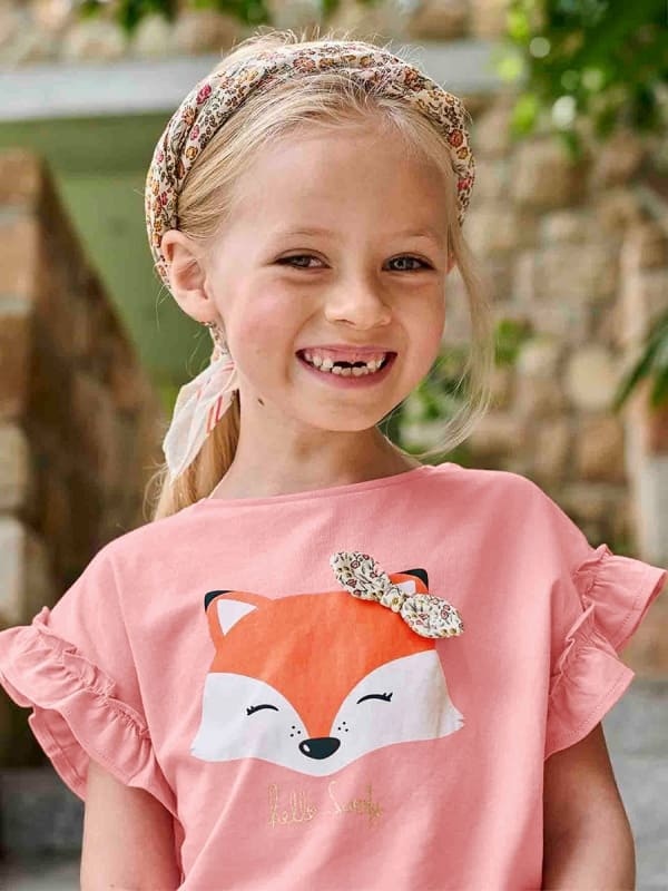 Little Maven Girls Cute Fox Pattern Cotton Short Sleeve Tee with Bow