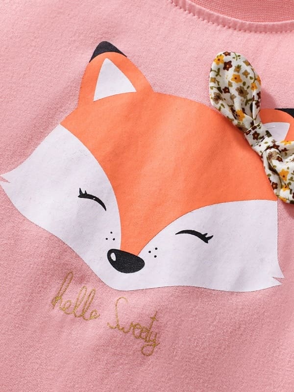 Little Maven Girls Cute Fox Pattern Cotton Short Sleeve Tee with Bow