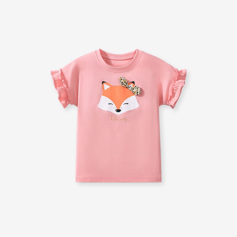 Little Maven Girls Cute Fox Pattern Cotton Short Sleeve Tee with Bow