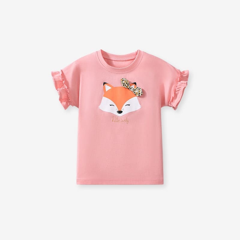 Little Maven Girls Cute Fox Pattern Cotton Short Sleeve Tee with Bow