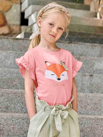 Little Maven Girls Cute Fox Pattern Cotton Short Sleeve Tee with Bow