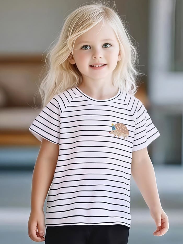 Little Maven Girls Cute Hedgehog Cotton Striped Tee