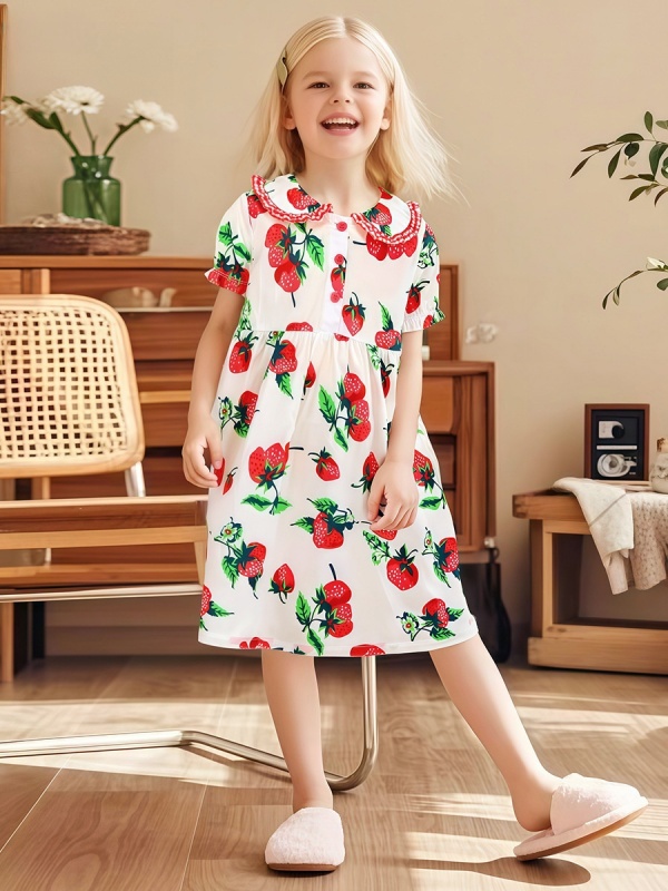 Little Maven Strawberry-Print Doll Collar Dress
