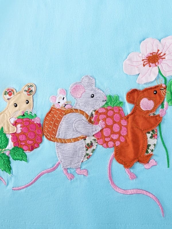 Kid Girls Cute Mouse Embroidered Cotton Striped Short Sleeve Dress