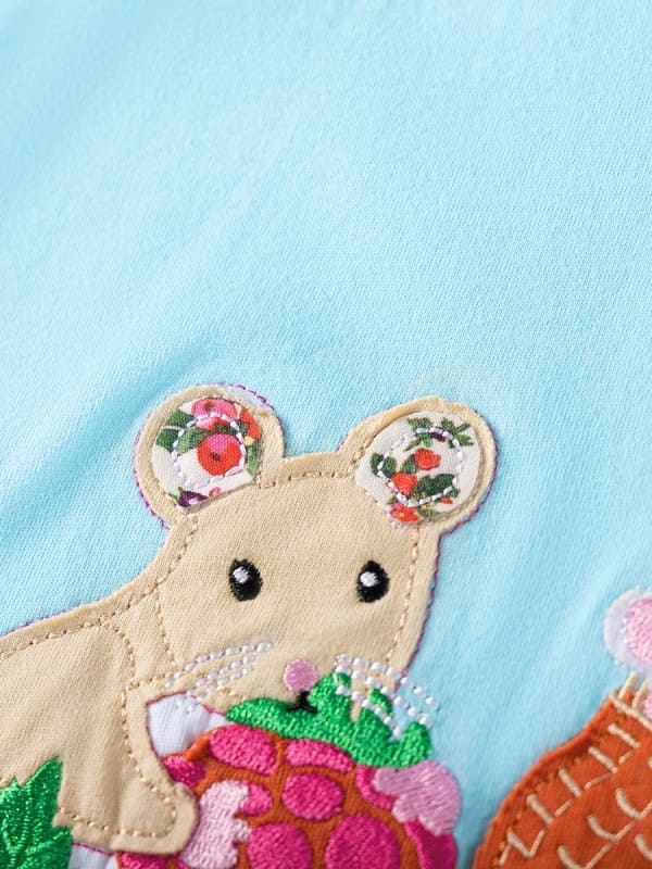 Kid Girls Cute Mouse Embroidered Cotton Striped Short Sleeve Dress