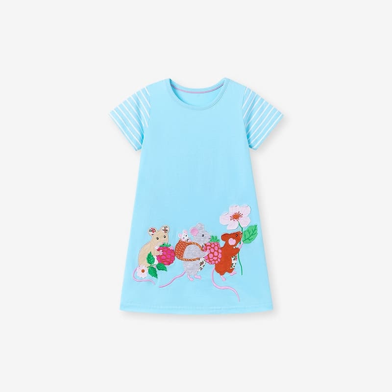 Kid Girls Cute Mouse Embroidered Cotton Striped Short Sleeve Dress