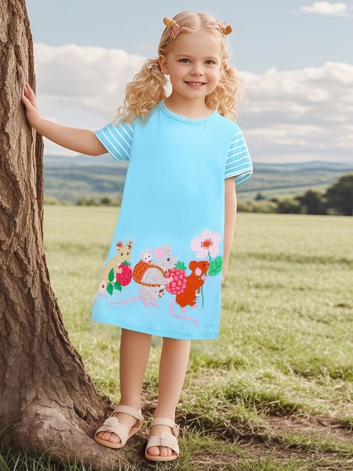 Little Maven Girls Cute Mouse Embroidered Cotton Striped Short Sleeve
