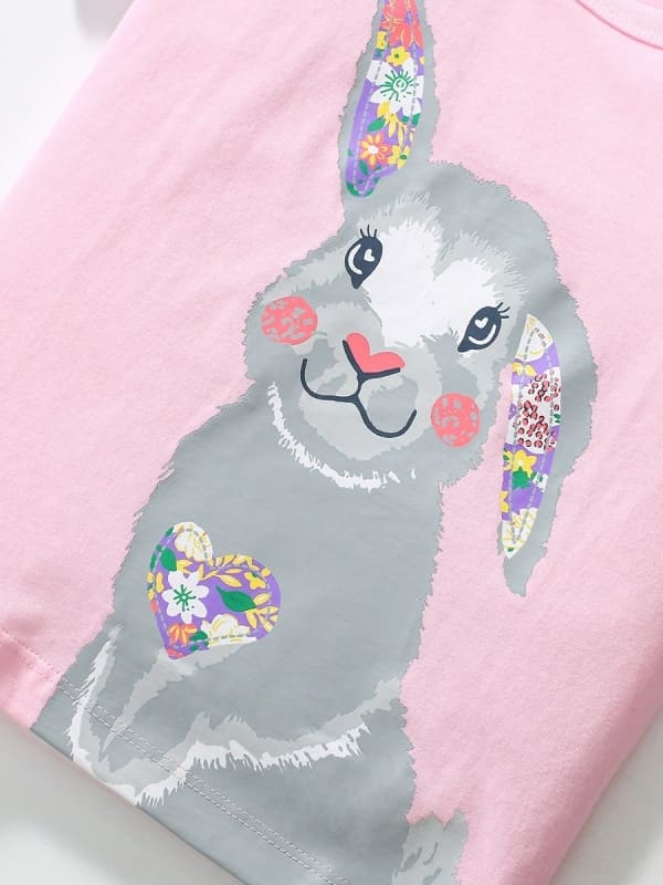 Little Maven Girls Cute Rabbit Pattern Cotton Short Sleeve Tee