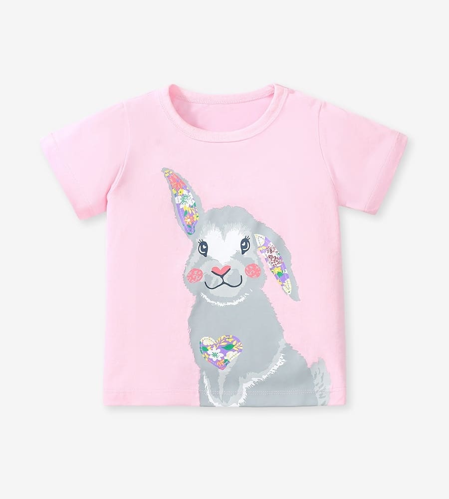 Little Maven Girls Cute Rabbit Pattern Cotton Short Sleeve Tee