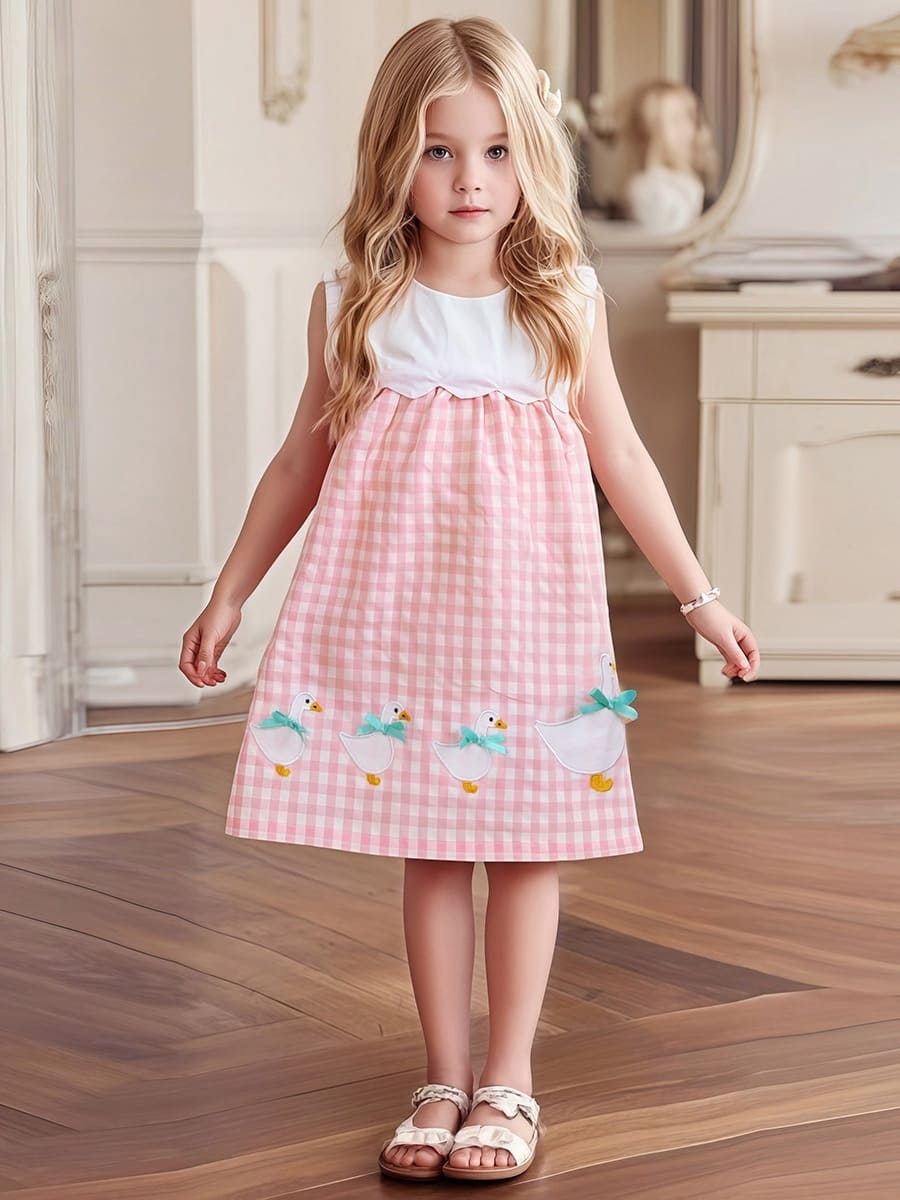Little Maven Duck Embroidered Cotton Plaid Sleeveless Dress for Girls