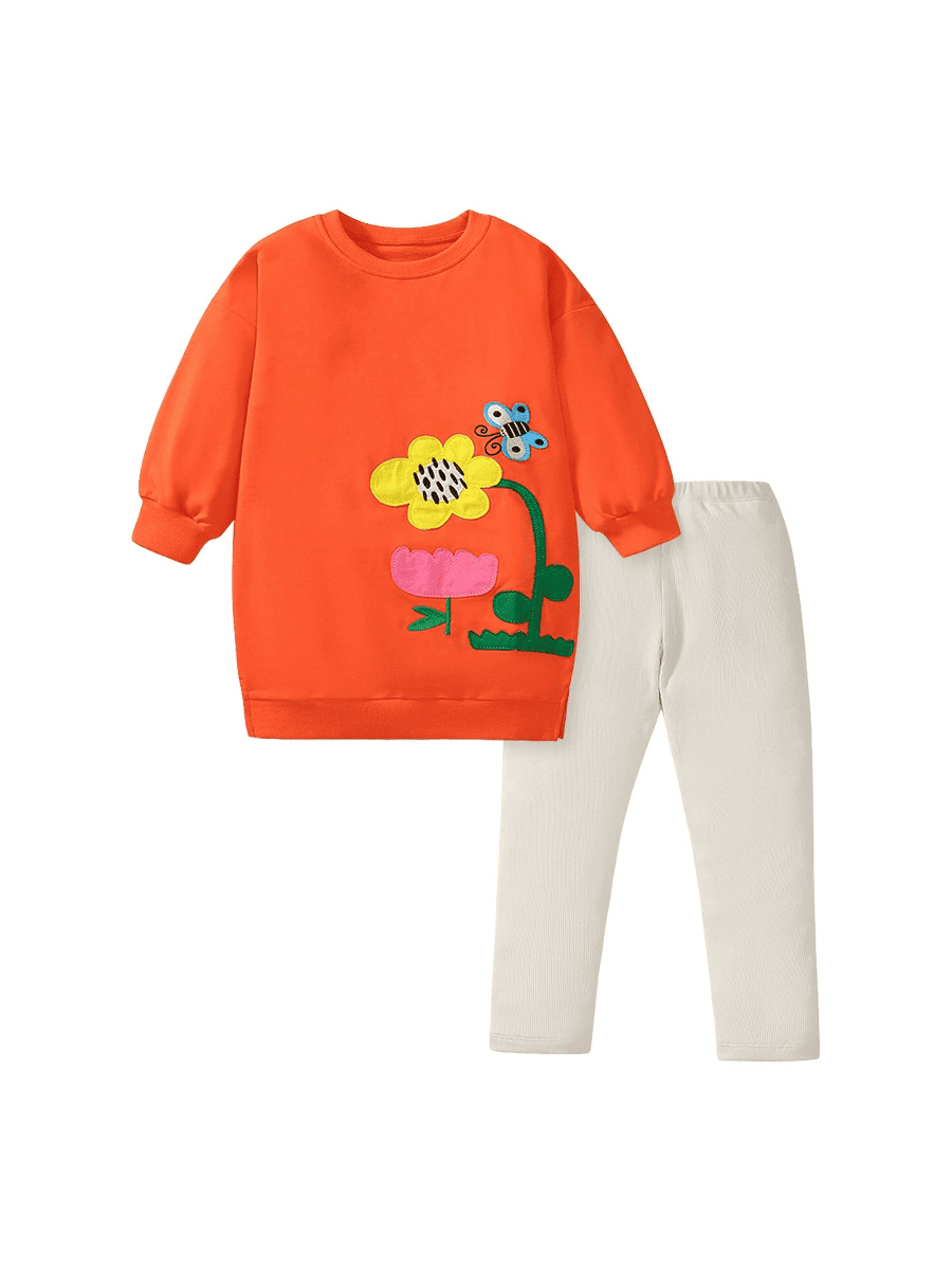 Girls Floral Embroidered Cotton Long Sleeve Sweatshirt and Pants Set