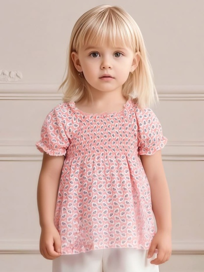 Little Maven Girls Floral Print Cotton Balloon Sleeve Tee