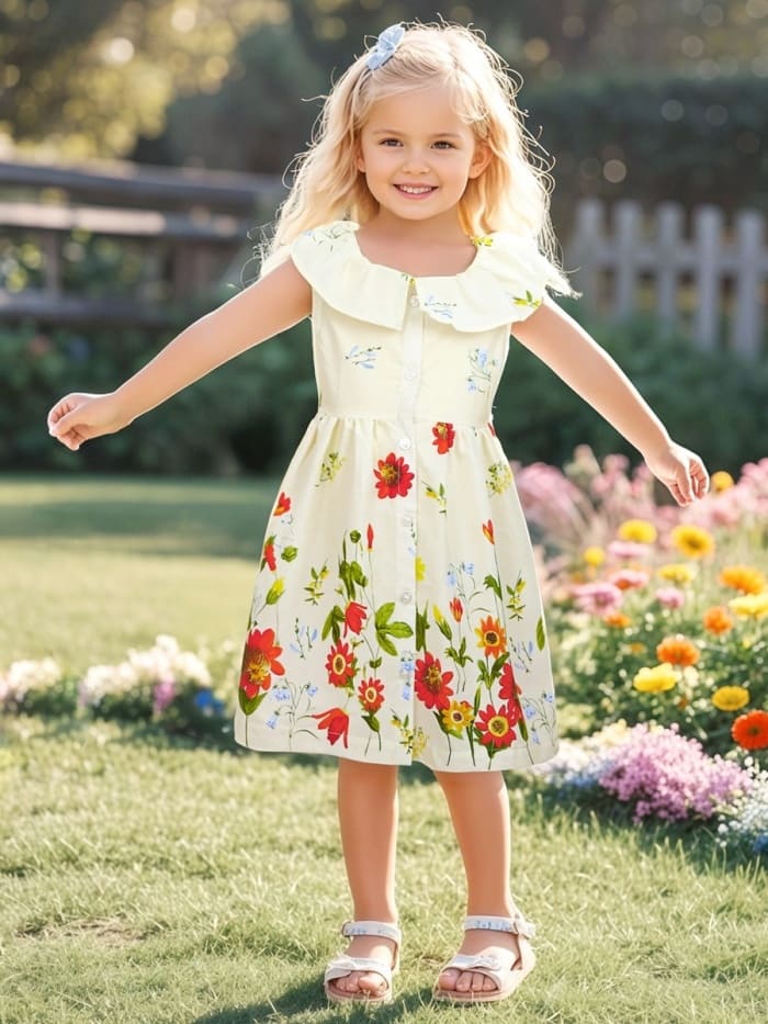 Little Maven Girls Floral Print Cotton Gathered Ruffle Neck Dress