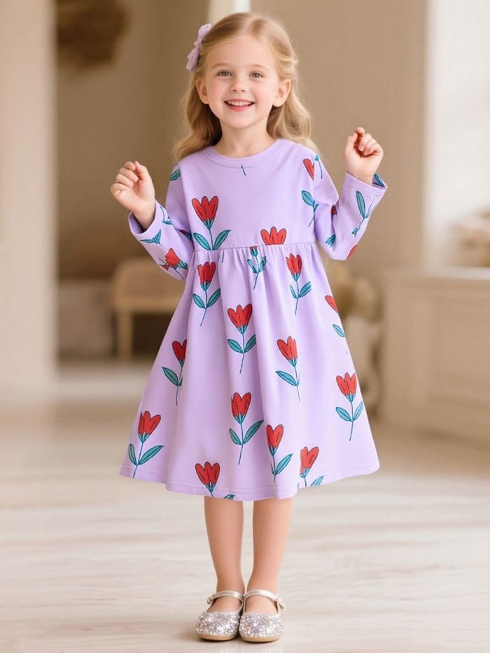 Little Maven Kid Girls Floral Print Cotton Long Sleeve Dress