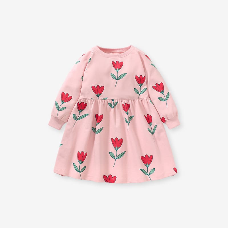 Kid Girls Floral Print Cotton Long Sleeve Dress