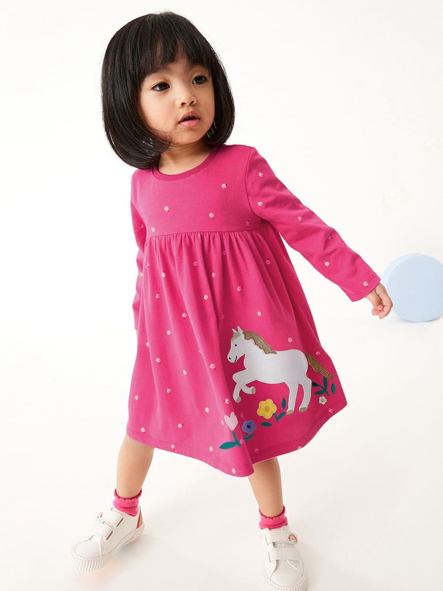 Girls Floral Print Cotton Long Sleeve Dress with Unicorn Embroidery