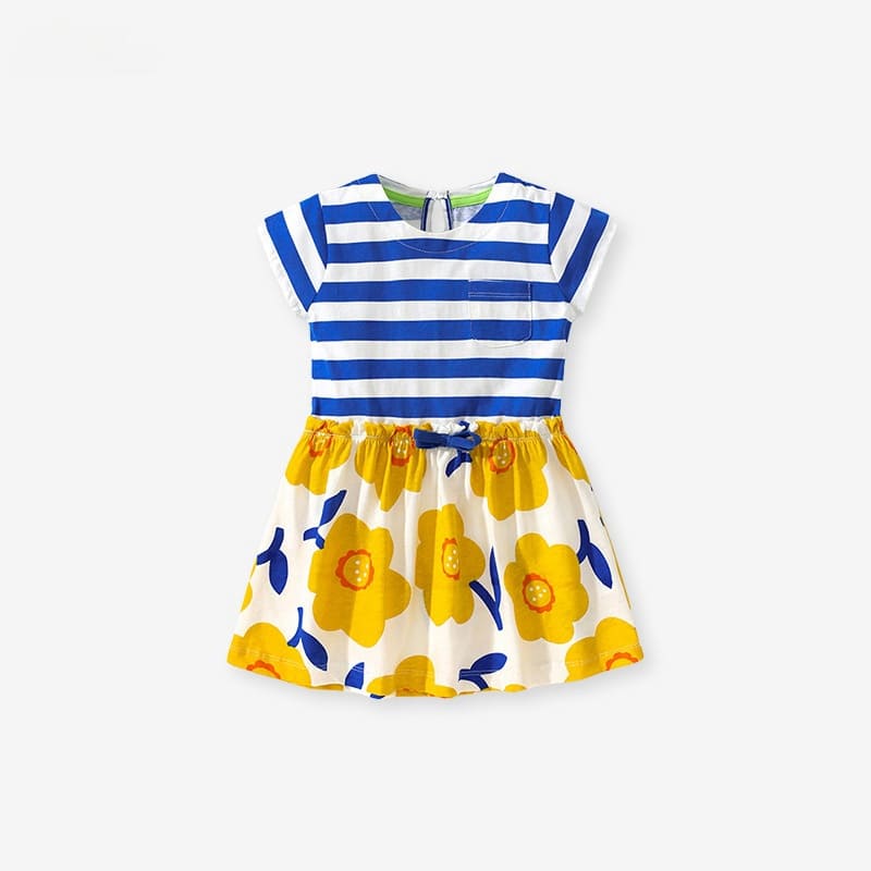 Kid Girls Floral Print Cotton Striped Short Sleeve Dress
