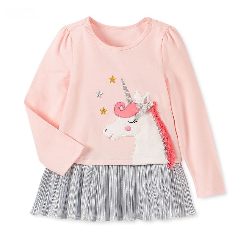Little Maven Girls Paneled Knitted Cotton Dress with Unicorn Embroidery