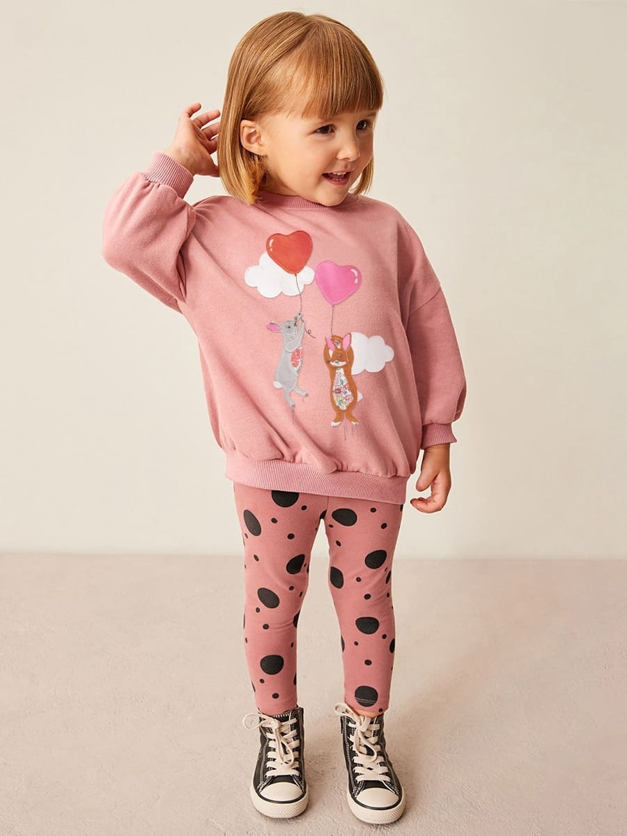 Little Maven Girls Pink Cotton Sweatshirt & Pants Set with Heart Mouse Embroidery