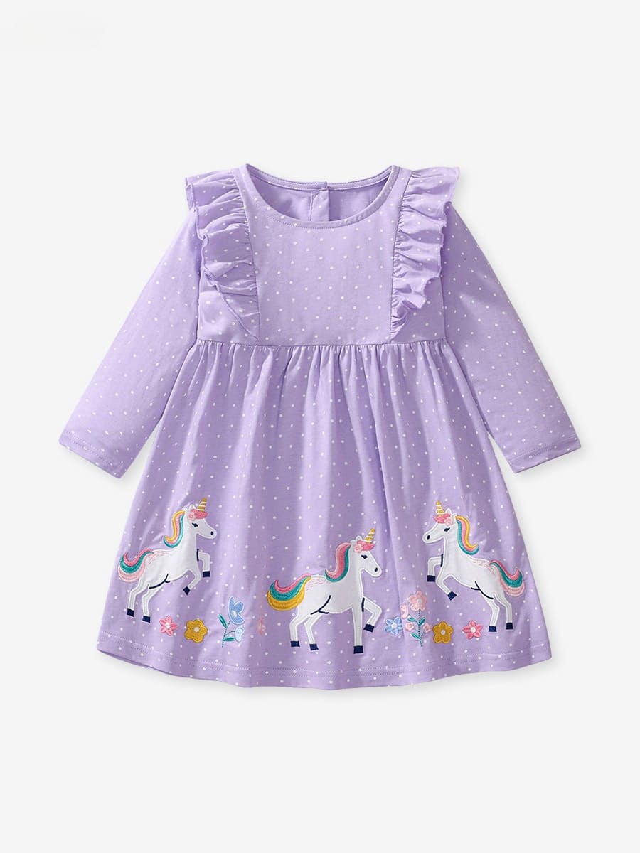 Kid Girls Polka Dot Cotton Ruffle Sleeve Dress with Unicorn Embroidery