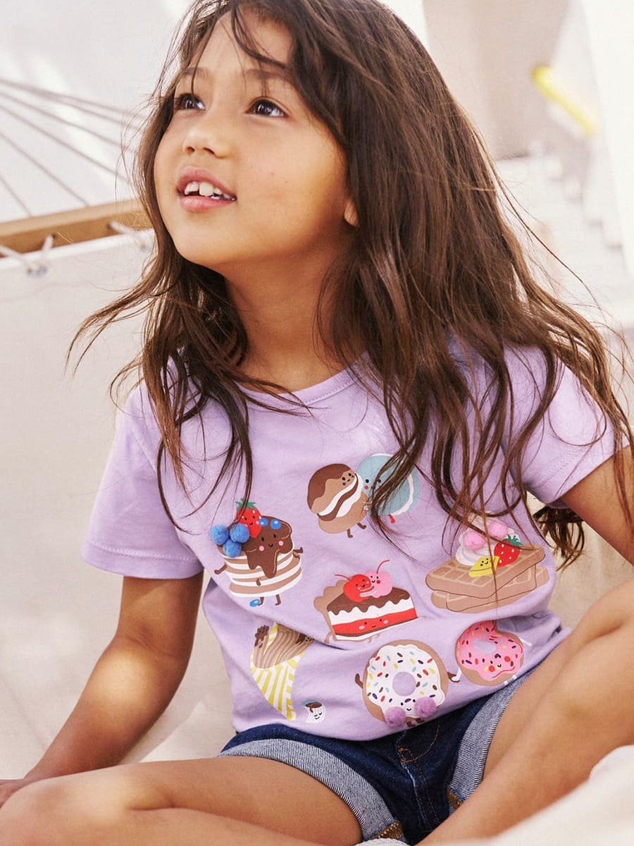 Girls Purple Cake Print Cotton Tee for Kids (Ages 2-11)