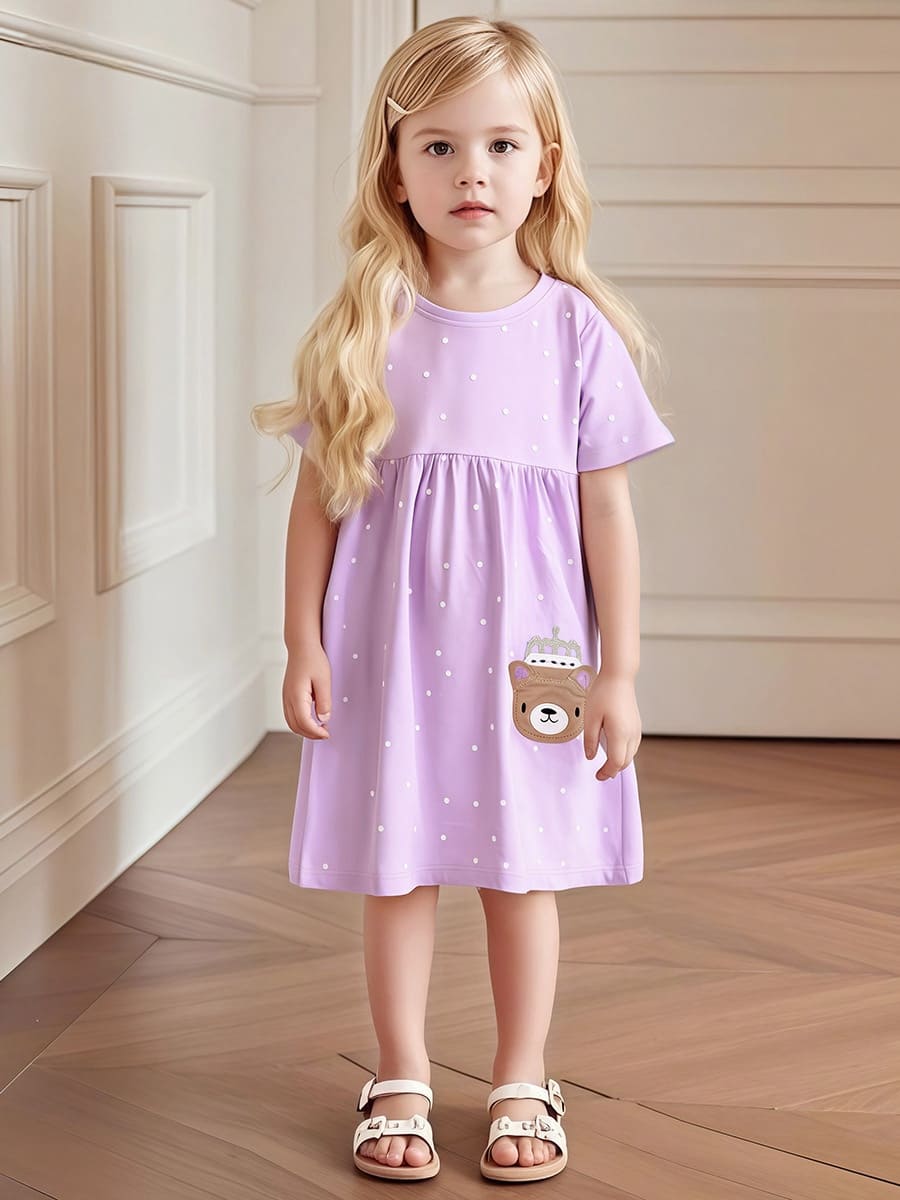 Little Maven Girls Purple Cotton Polka Dot Dress with Bear Embroidery