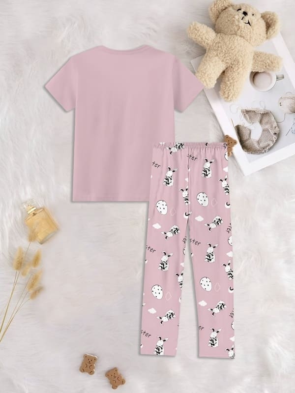 Little Maven Girls Rabbit Letter Print Cotton Short Sleeve Pajama Set