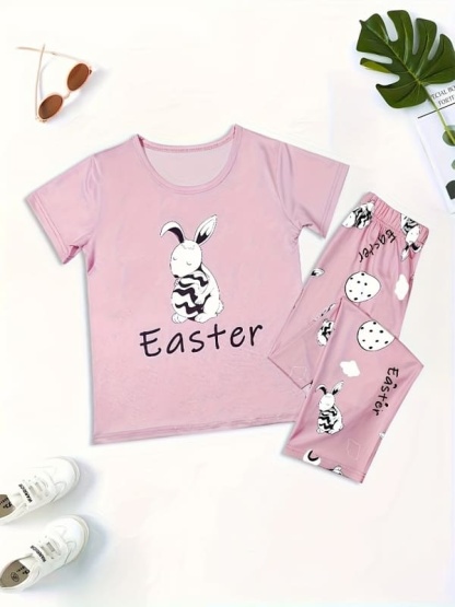 Little Maven Girls Rabbit Letter Print Cotton Short Sleeve Pajama Set