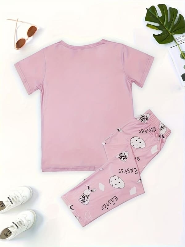 Little Maven Girls Rabbit Letter Print Cotton Short Sleeve Pajama Set