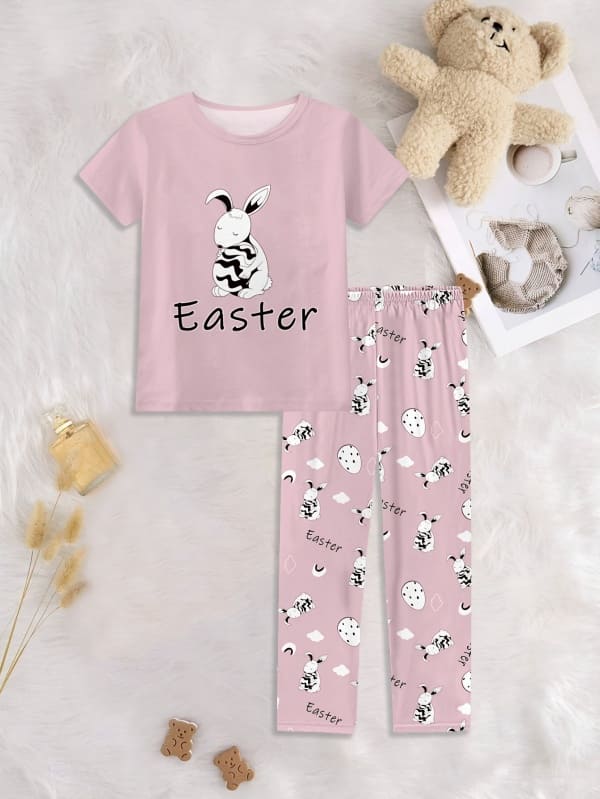 Little Maven Girls Rabbit Letter Print Cotton Short Sleeve Pajama Set