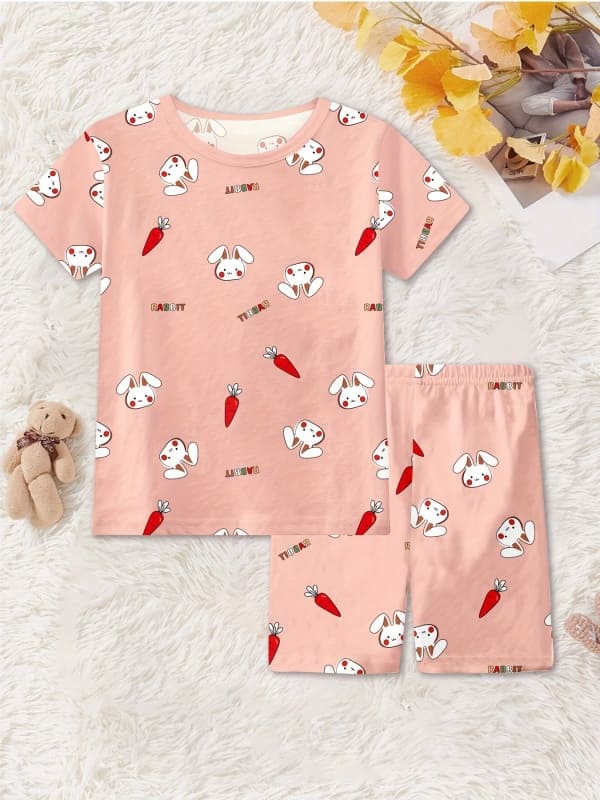 Little Maven Girls Rabbit & Carrot Print Cotton Pajama Set