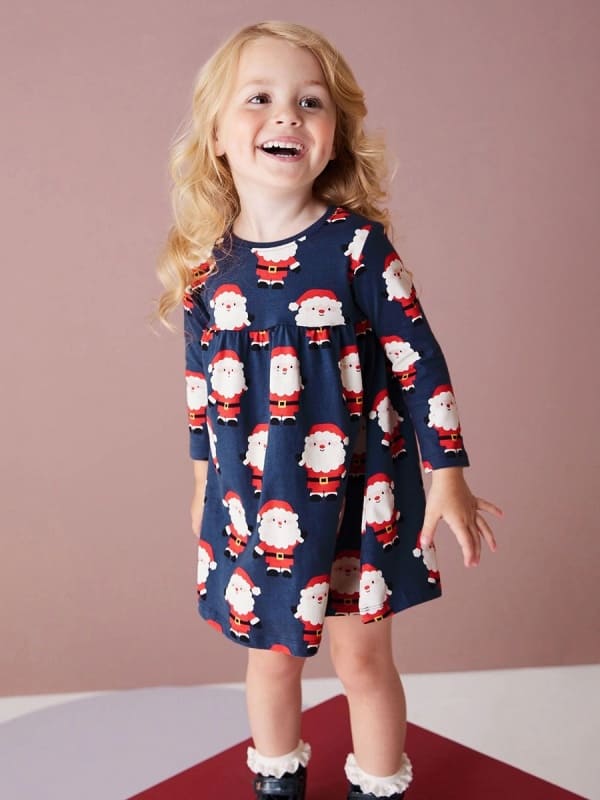 Little Maven Santa Claus Print Cotton Long Sleeve Dress for Girls
