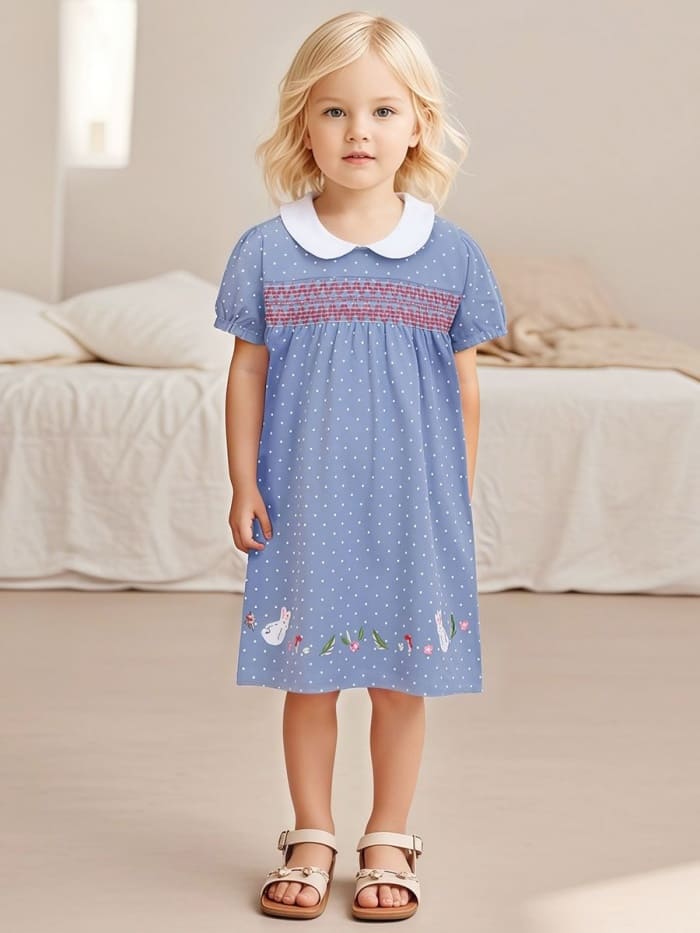 Little Maven Girls Short Sleeve Cotton Polka Dot Doll Collar Dress