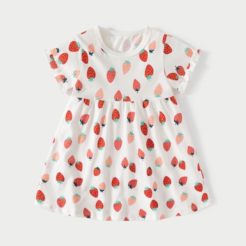 Little Maven Girls Strawberry Print Cotton Short Sleeve Dress